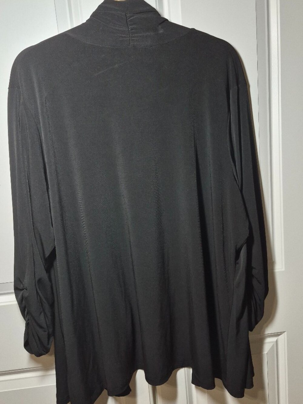 Susan Graver Liquid Knit Open Front Cardigan 3/4 length Ruched sleeves 2X Black - Picture 5 of 10